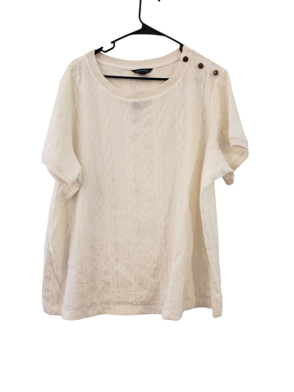 Lands' End Cream Cable-Knit Short Sleeve Sweater Top with Shoulder Buttons